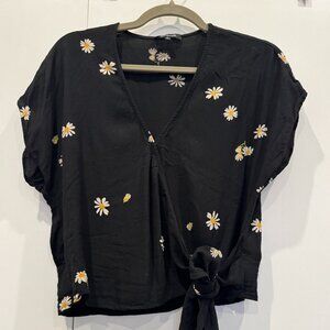 Madewell Sash-Tie Wrap Top in Lazy Daisies – True Black, Size M